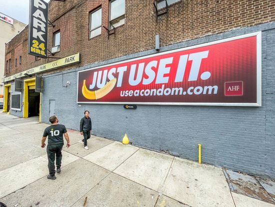 AHF's ‘Just Use It’ billboard campaign now is running in three new cities New York City, Chicago, and Miami after several national out-of-home advertising companies refused the artwork back in August. This board is at 575 Washington and W. Houston in NYC. (Photo: Business Wire) AHF's ‘Just Use It’ billboard campaign now is running in three new cities New York City, Chicago, and Miami after several national out-of-home advertising companies refused the artwork back in August. This board is at 575 Washington and W. Houston in NYC. (Photo: Business Wire)